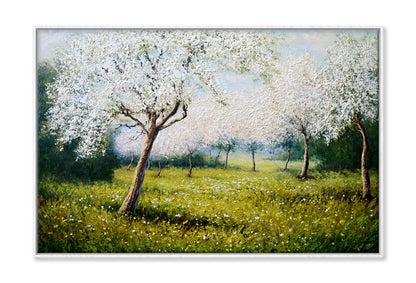 Spring Blossom Tree on Green Grass Field Painting Wall Art Limited Edition High Quality Print Canvas Box Framed White