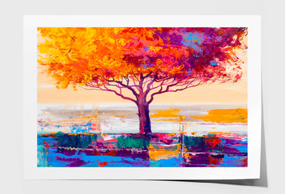 Orange Red Leaves With Large Tree Oil Painting Limited Edition High Quality Print Unframed Roll Canvas None