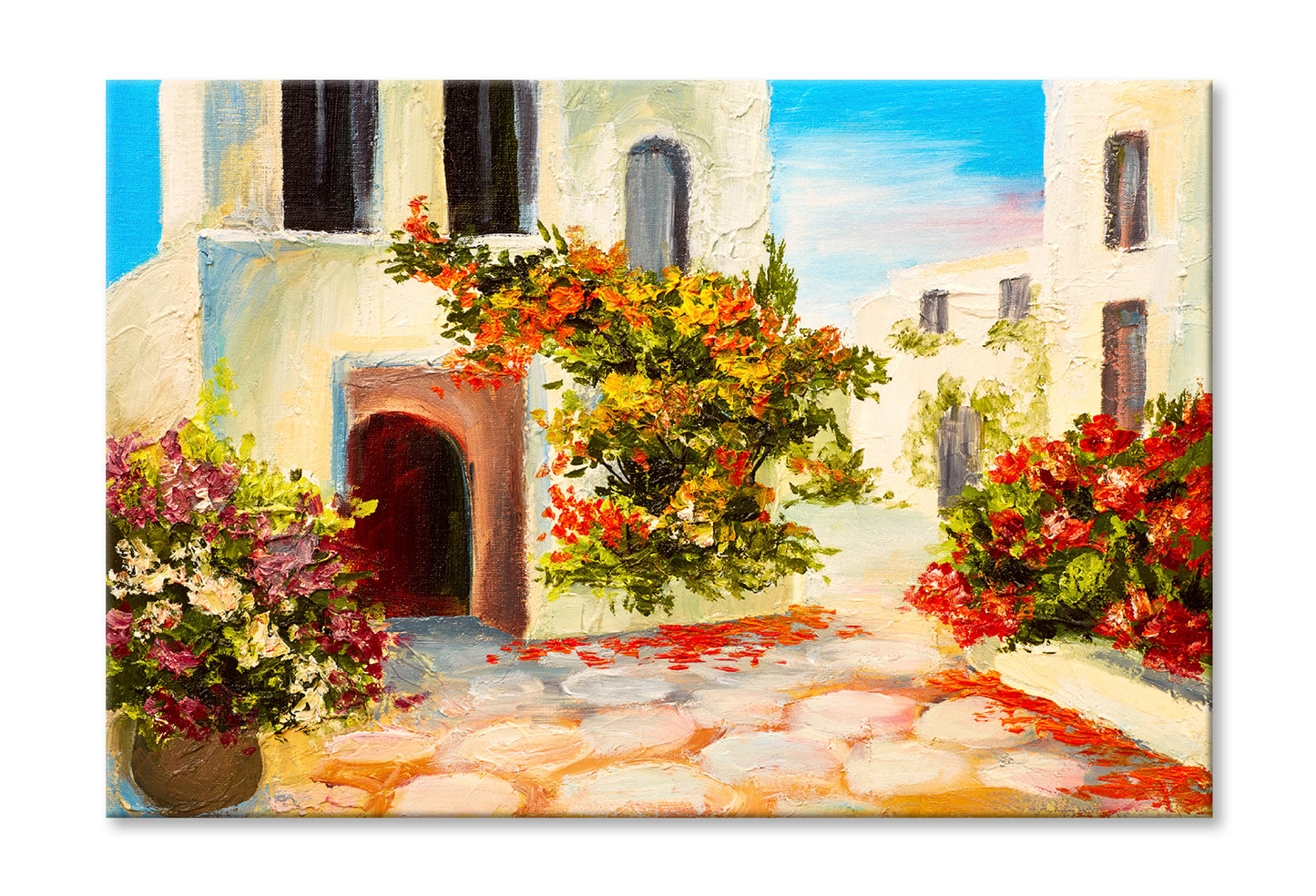 Flower Plants near House & Blue Sky Oil Painting Wall Art Limited Edition High Quality Print Stretched Canvas None