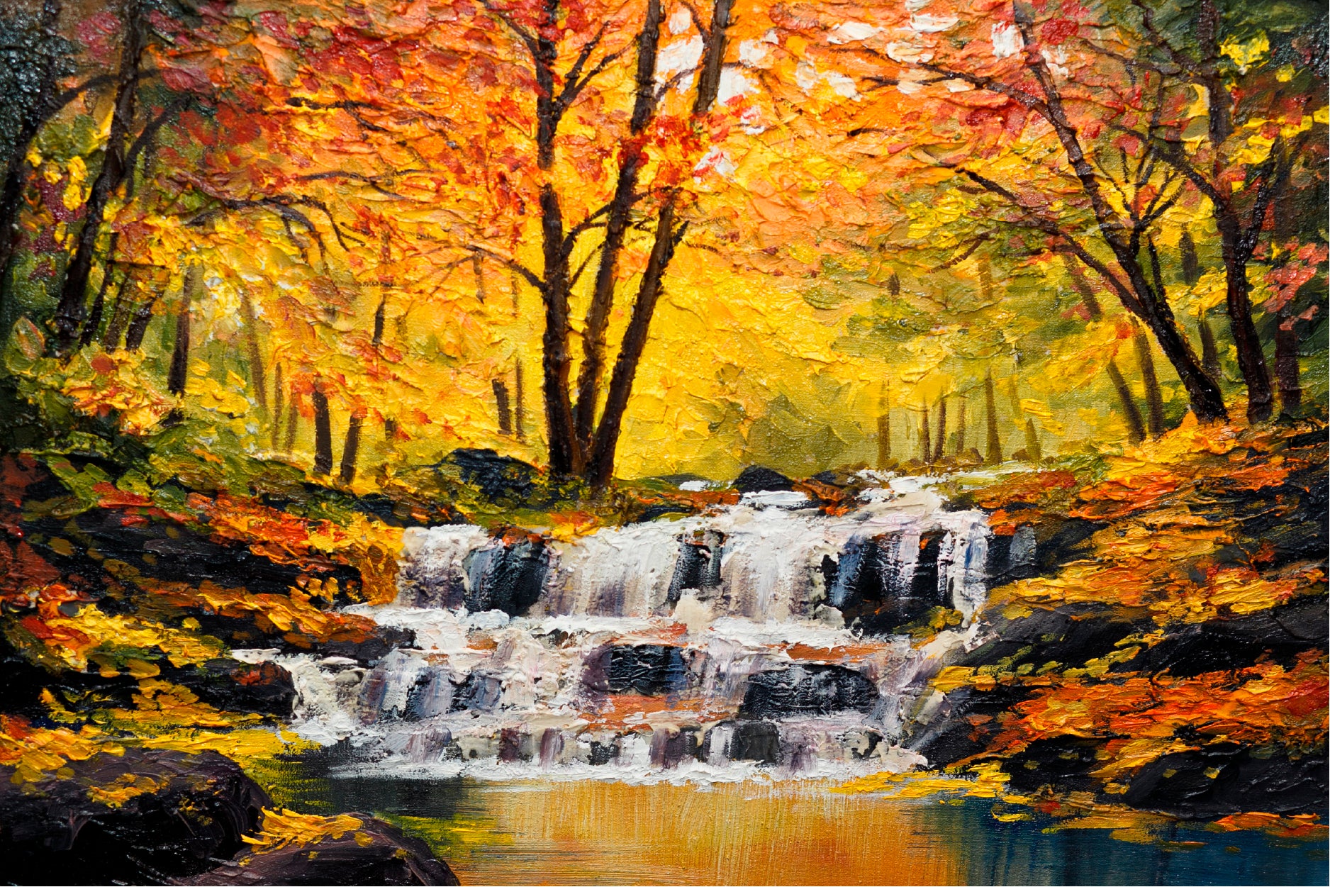 Autumn Forest With A Lake Painting Glass Framed Wall Art, Ready to Hang Quality Print