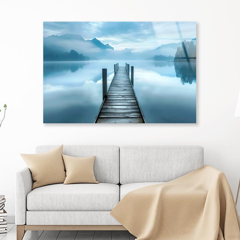 Dock On a Lake with Mountains in The Background  Acrylic Glass Print Tempered Glass Wall Art 100% Made in Australia Ready to Hang - Bella Home Decor