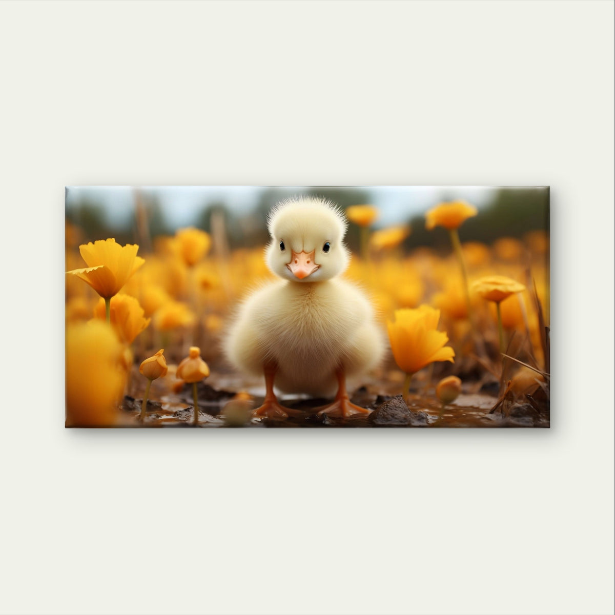 Fluffy Yellow Duckling Spring Flowers Meadow Wall Art Canvas Office Home Framed 120x60cm - Bella Home Decor