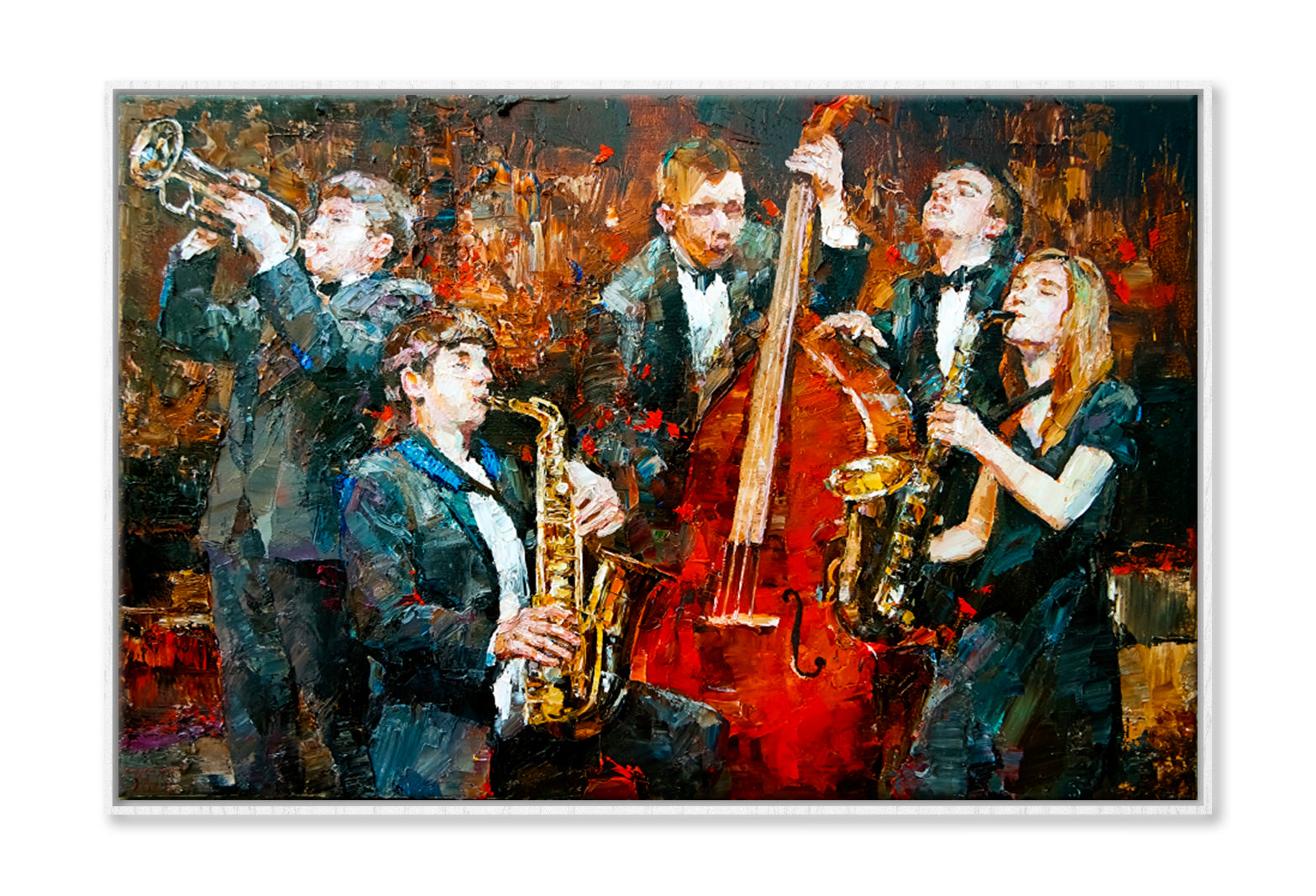 Stylish Jazz Band Playing Music Oil Painting Wall Art Limited Edition High Quality Print Canvas Box Framed White