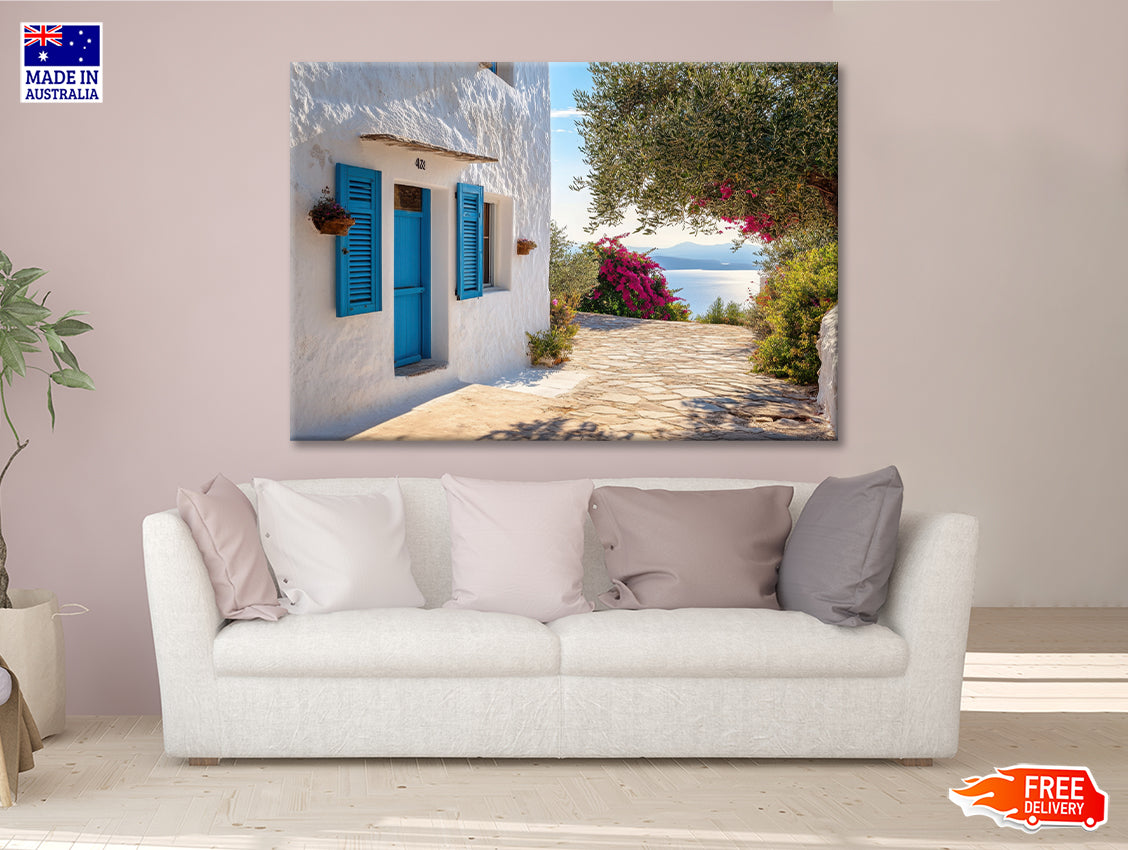 White Building with Blue Shutters Print 100% Australian Made - Bella Home Decor