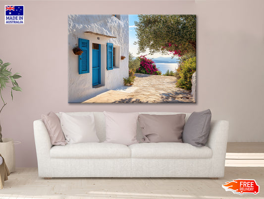 White Building with Blue Shutters Print 100% Australian Made - Bella Home Decor