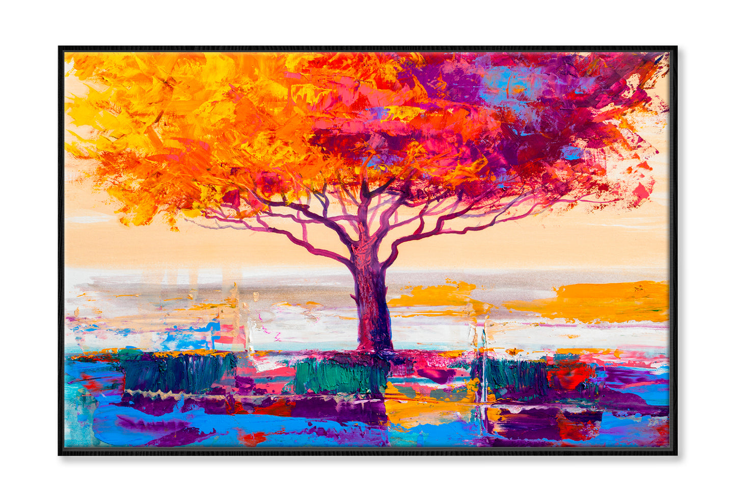 Orange Red Leaves With Large Tree Oil Painting Limited Edition High Quality Print Canvas Box Framed Black