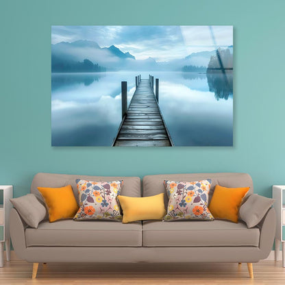 Dock On a Lake with Mountains in The Background  Acrylic Glass Print Tempered Glass Wall Art 100% Made in Australia Ready to Hang - Bella Home Decor