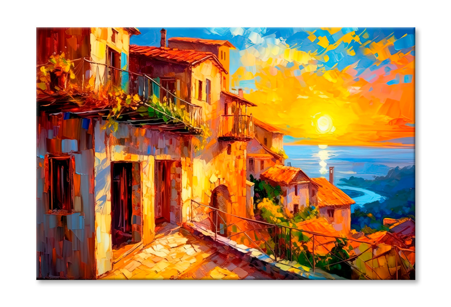 Mediterranean Coastal Town Oil Painting Wall Art Limited Edition High Quality Print Stretched Canvas None