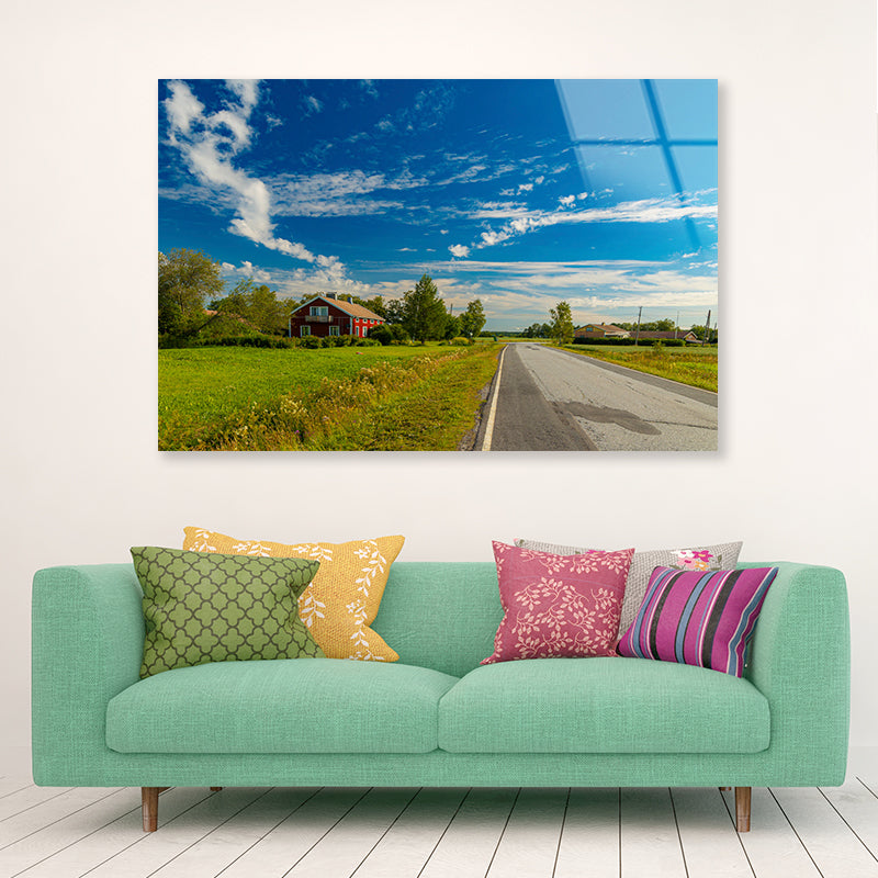 A Rural Road with Grass and Trees under a Cloudy Sky Acrylic Glass Print Tempered Glass Wall Art 100% Made in Australia Ready to Hang