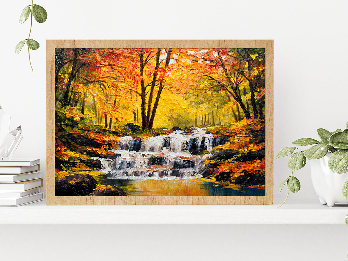 Autumn Forest With A Lake Painting Glass Framed Wall Art, Ready to Hang Quality Print Without White Border Oak