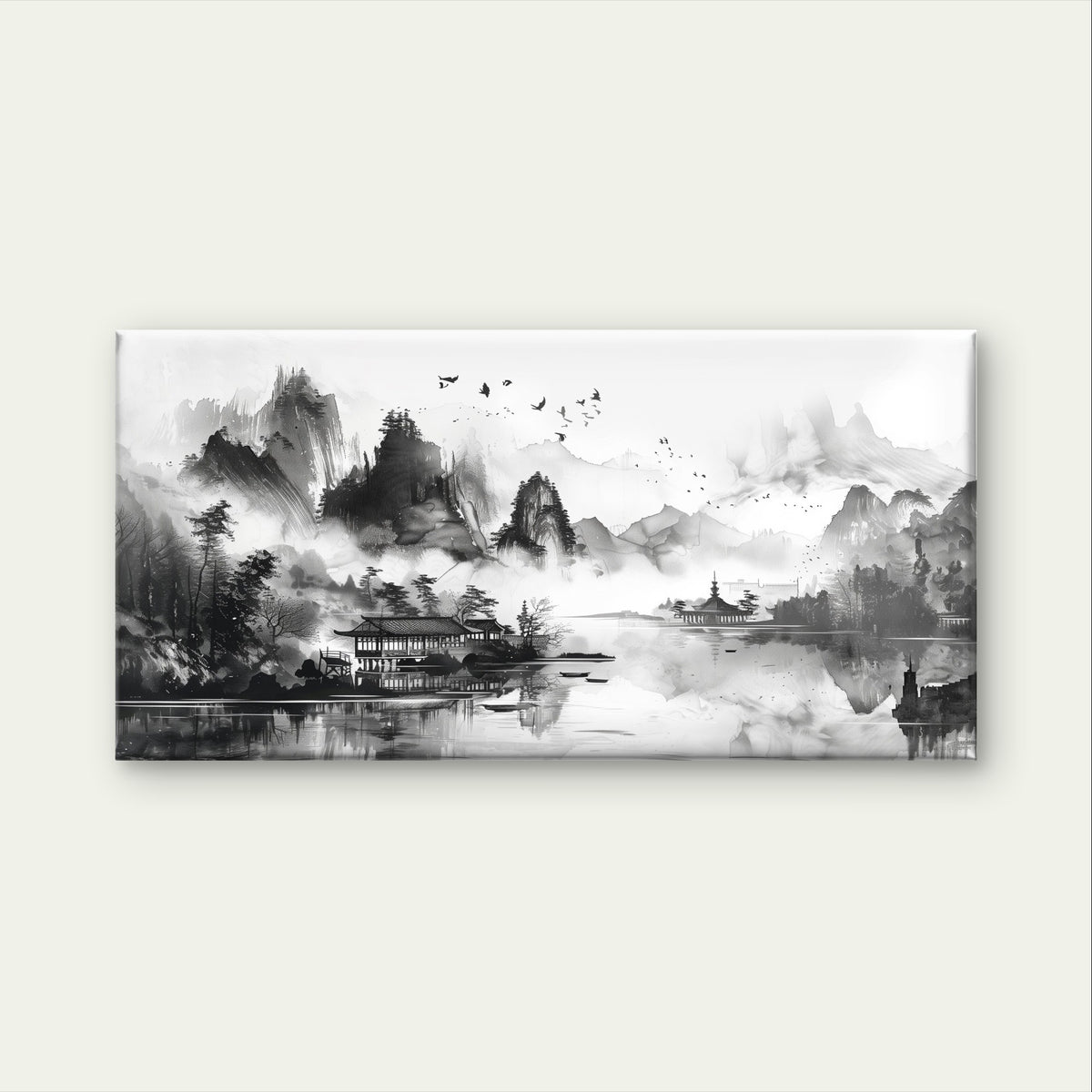 Traditional Japanese Ink Wash Temple Painting Wall Art Canvas Office Home Framed 120x60cm