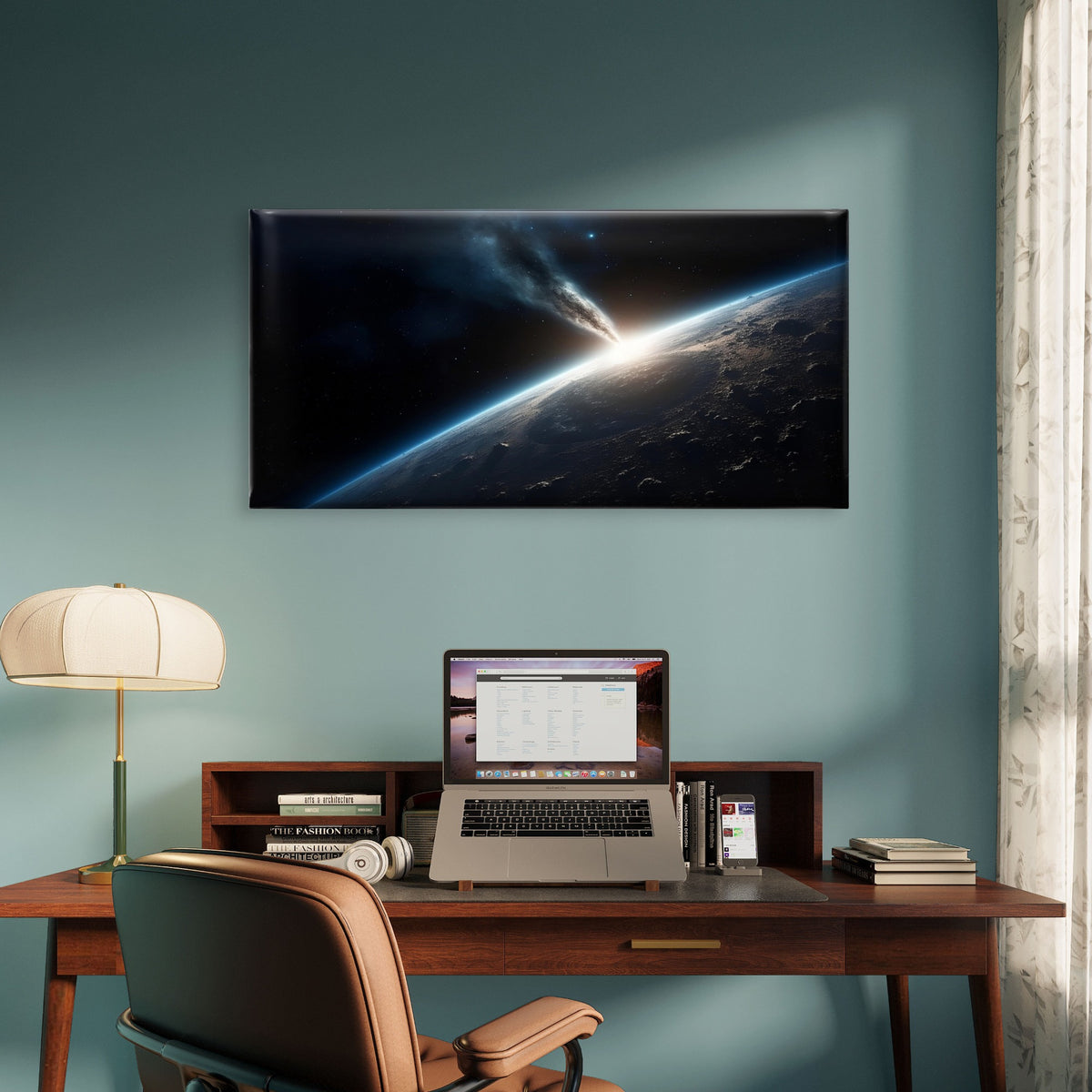 Asteroid Impact Space View Planet Wall Art Canvas Office Home Framed 120x60cm