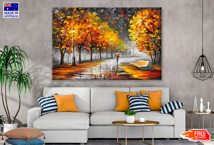 Girl Walking on Autumn Trees Road Watercolor Painting Wall Art Limited Edition High Quality Print