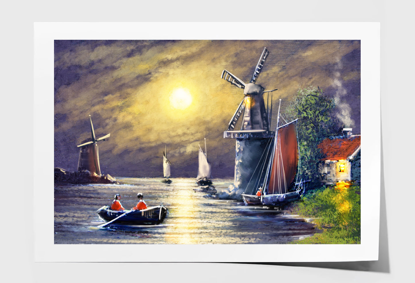 Windmill near Lake & Boats Night Sky Oil Painting Wall Art Limited Edition High Quality Print Unframed Roll Canvas None