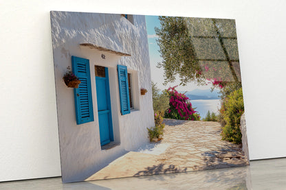 White Building with Blue Shutters Acrylic Glass Print Tempered Glass Wall Art 100% Made in Australia Ready to Hang - Bella Home Decor