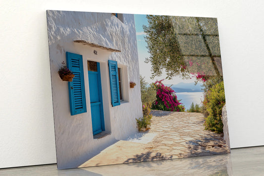 White Building with Blue Shutters Acrylic Glass Print Tempered Glass Wall Art 100% Made in Australia Ready to Hang - Bella Home Decor