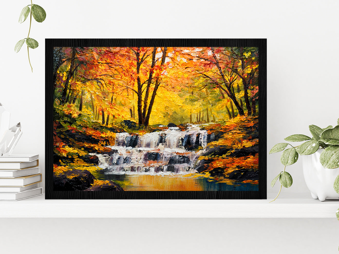 Autumn Forest With A Lake Painting Glass Framed Wall Art, Ready to Hang Quality Print Without White Border Black