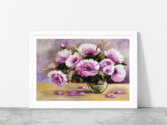 Flower Vase & Flower Petals Lay On The Table Glass Framed Wall Art, Ready to Hang Quality Print With White Border White