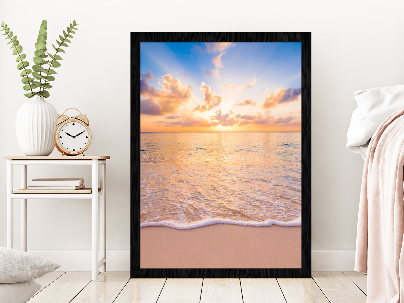 Sunset Sky Beach & Seawaves Photograph Glass Framed Wall Art, Ready to Hang Quality Print Without White Border Black