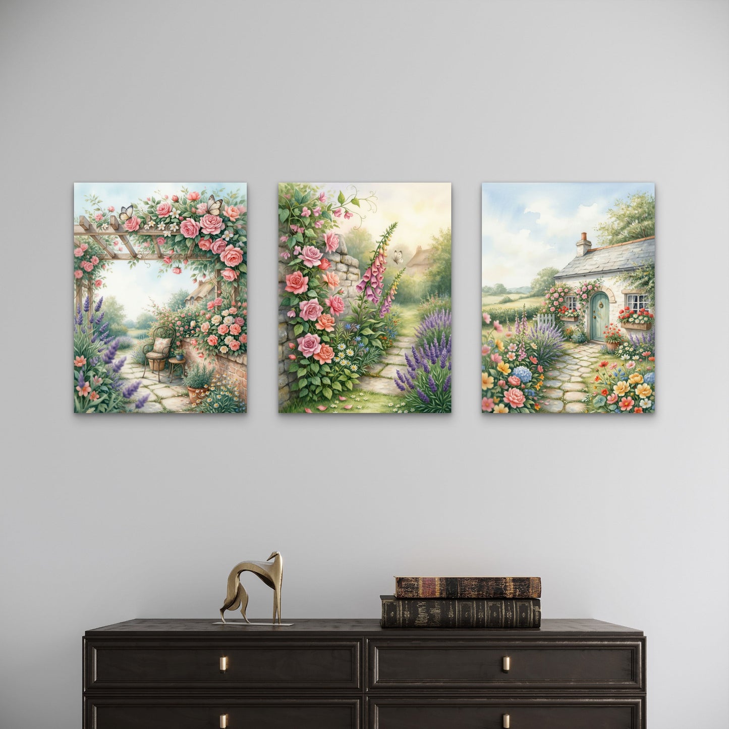 3pcs Vintage Flower House Country Scene Painting Wall Art Set Canvas Framed 40x60cm - High Quality Print 100% Australian Made Wall Canvas Ready to Hang