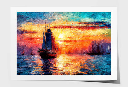 Seascape Paintings with Sunset Background Wall Art Limited Edition High Quality Print