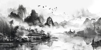 Traditional Japanese Ink Wash Temple Painting Wall Art Canvas Office Home Framed 120x60cm