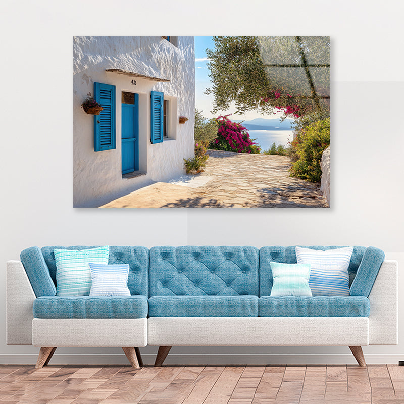 White Building with Blue Shutters Acrylic Glass Print Tempered Glass Wall Art 100% Made in Australia Ready to Hang - Bella Home Decor