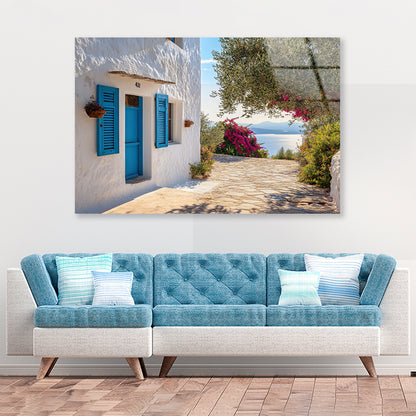 White Building with Blue Shutters Acrylic Glass Print Tempered Glass Wall Art 100% Made in Australia Ready to Hang - Bella Home Decor