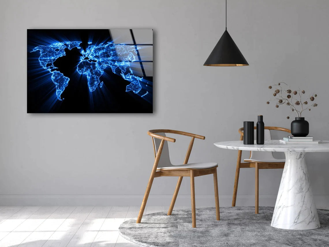 Blue World Map Digital UV Direct Aluminum Print Australian Made Quality