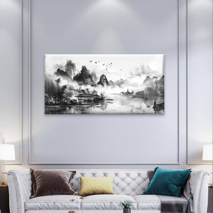 Traditional Japanese Ink Wash Temple Painting Wall Art Canvas Office Home Framed 120x60cm