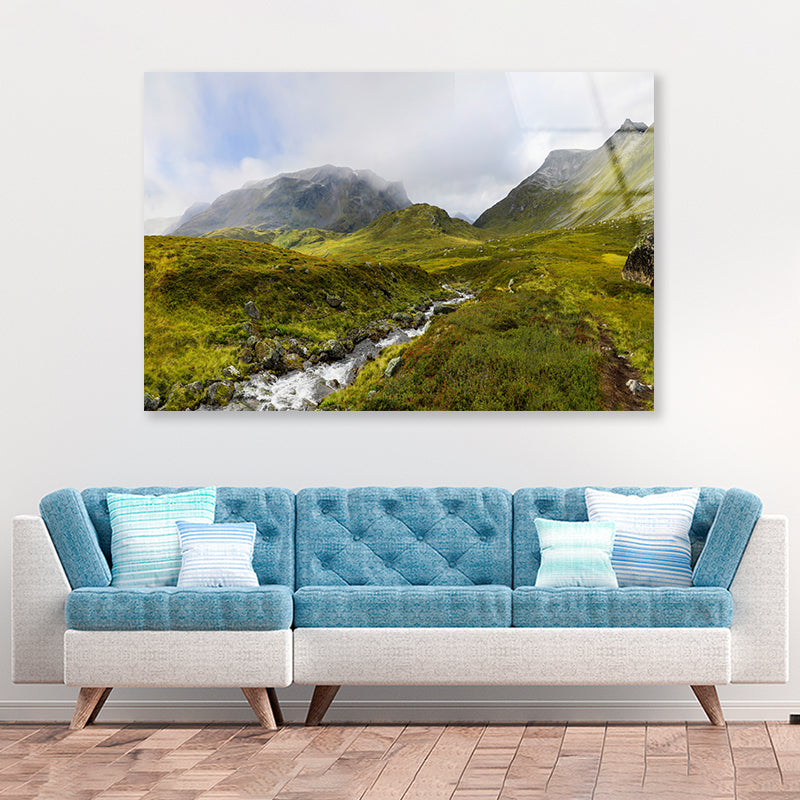 Stream Flowing Green Mountain Acrylic Glass Print Tempered Glass Wall Art 100% Made in Australia Ready to Hang - Bella Home Decor