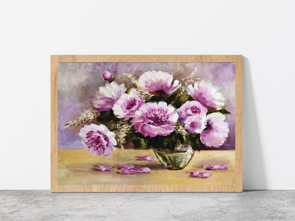 Flower Vase & Flower Petals Lay On The Table Glass Framed Wall Art, Ready to Hang Quality Print Without White Border Oak