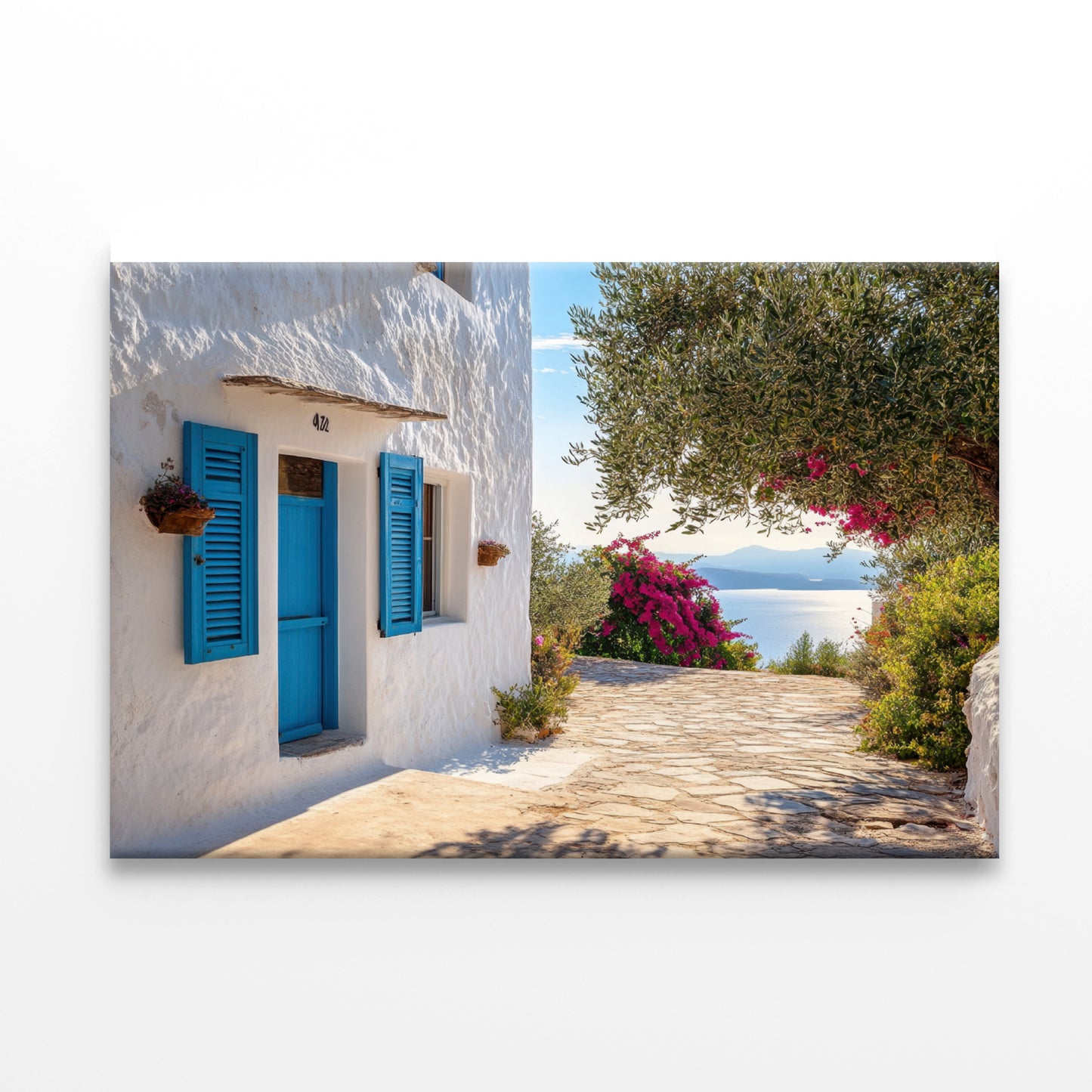White Building with Blue Shutters Print 100% Australian Made - Bella Home Decor