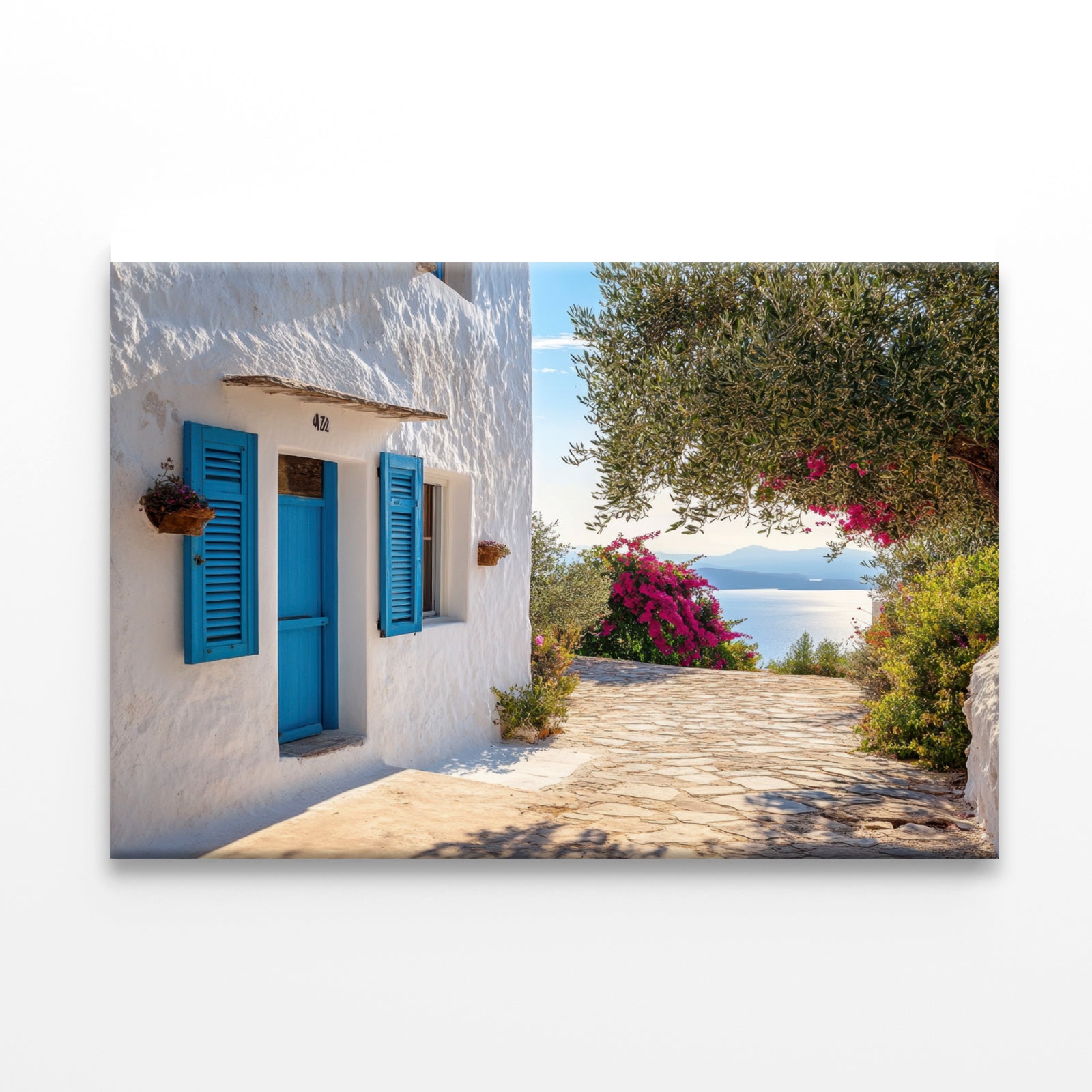White Building with Blue Shutters Print 100% Australian Made - Bella Home Decor