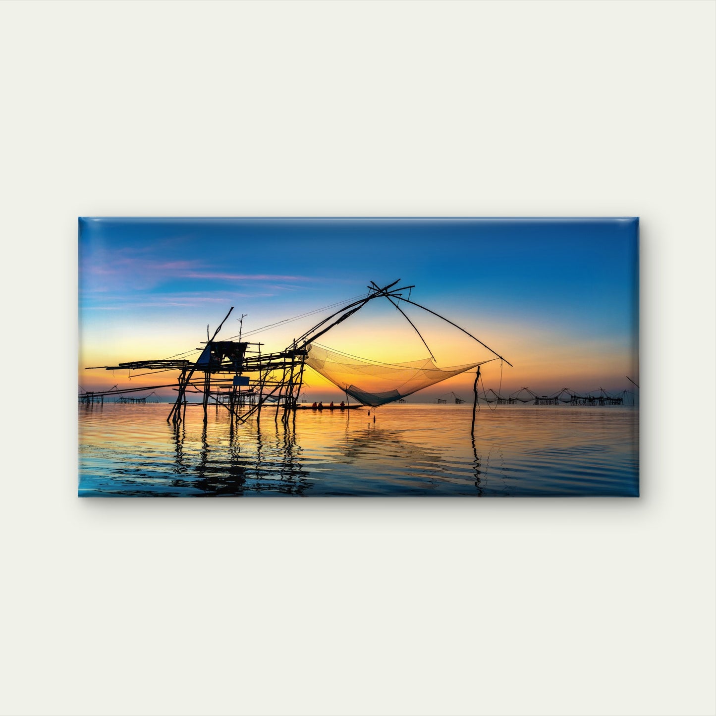 Sunrise Fishing Dip Nets Pakpra Thailand Wall Art Canvas Office Home Room Framed 120x60cm