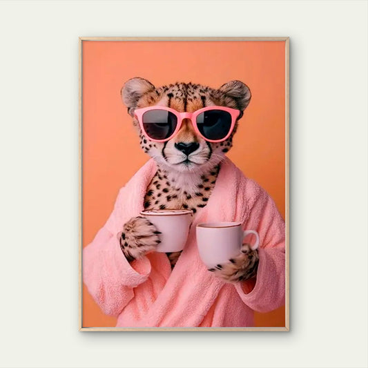 Modern Elegant Cheetah with Pink Glasses & Coffee Cup Fashion Home Decor Premium Quality Poster Print Choose Your Sizes