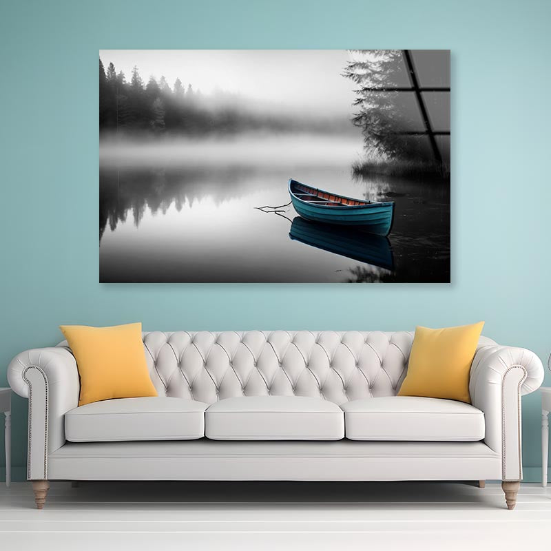 Boat In a Pristine Lake on A Foggy Morning Acrylic Glass Print Tempered Glass Wall Art 100% Made in Australia Ready to Hang