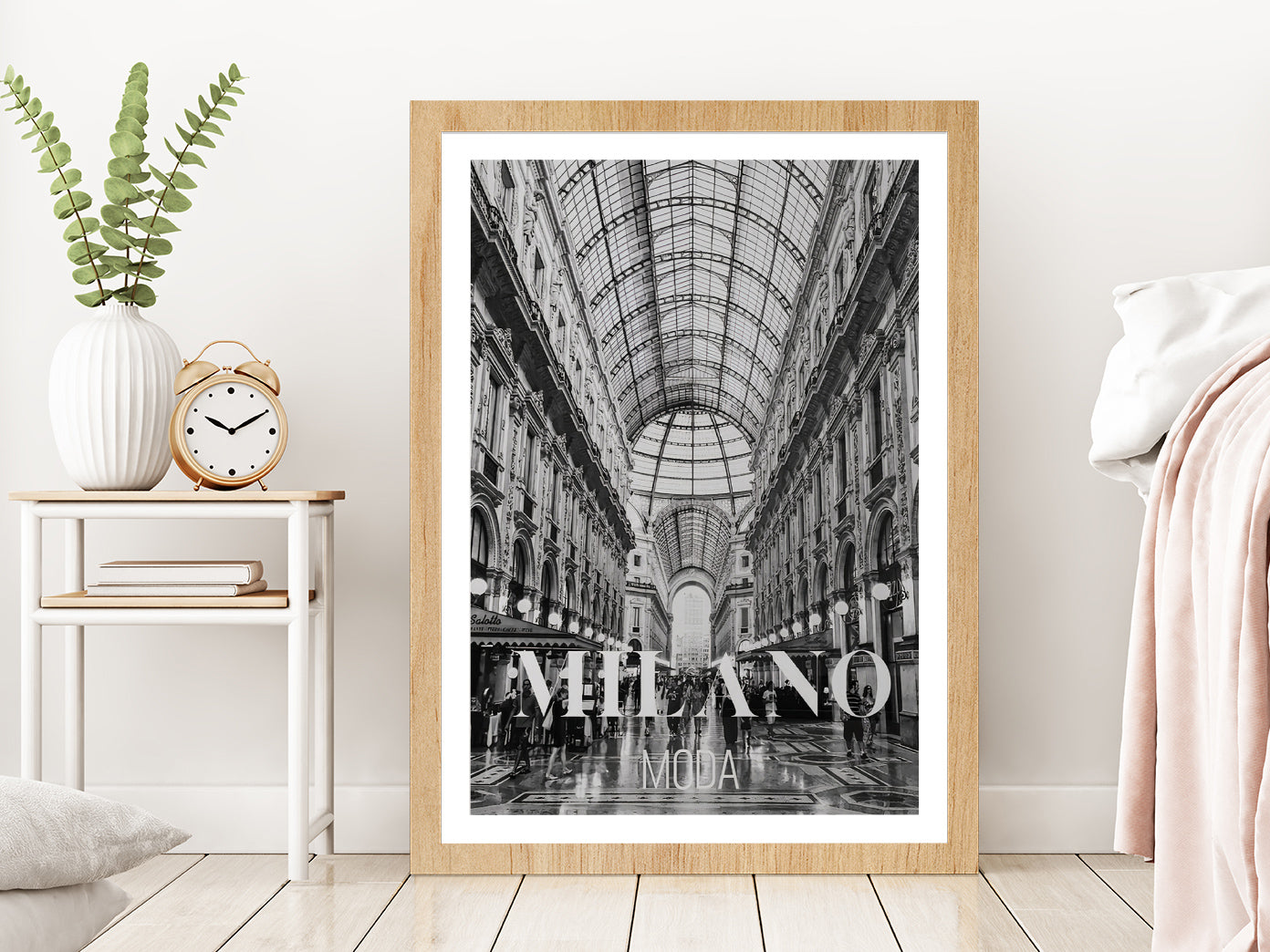 Fashion Store B&W View Photograph Glass Framed Wall Art, Ready to Hang Quality Print With White Border Oak