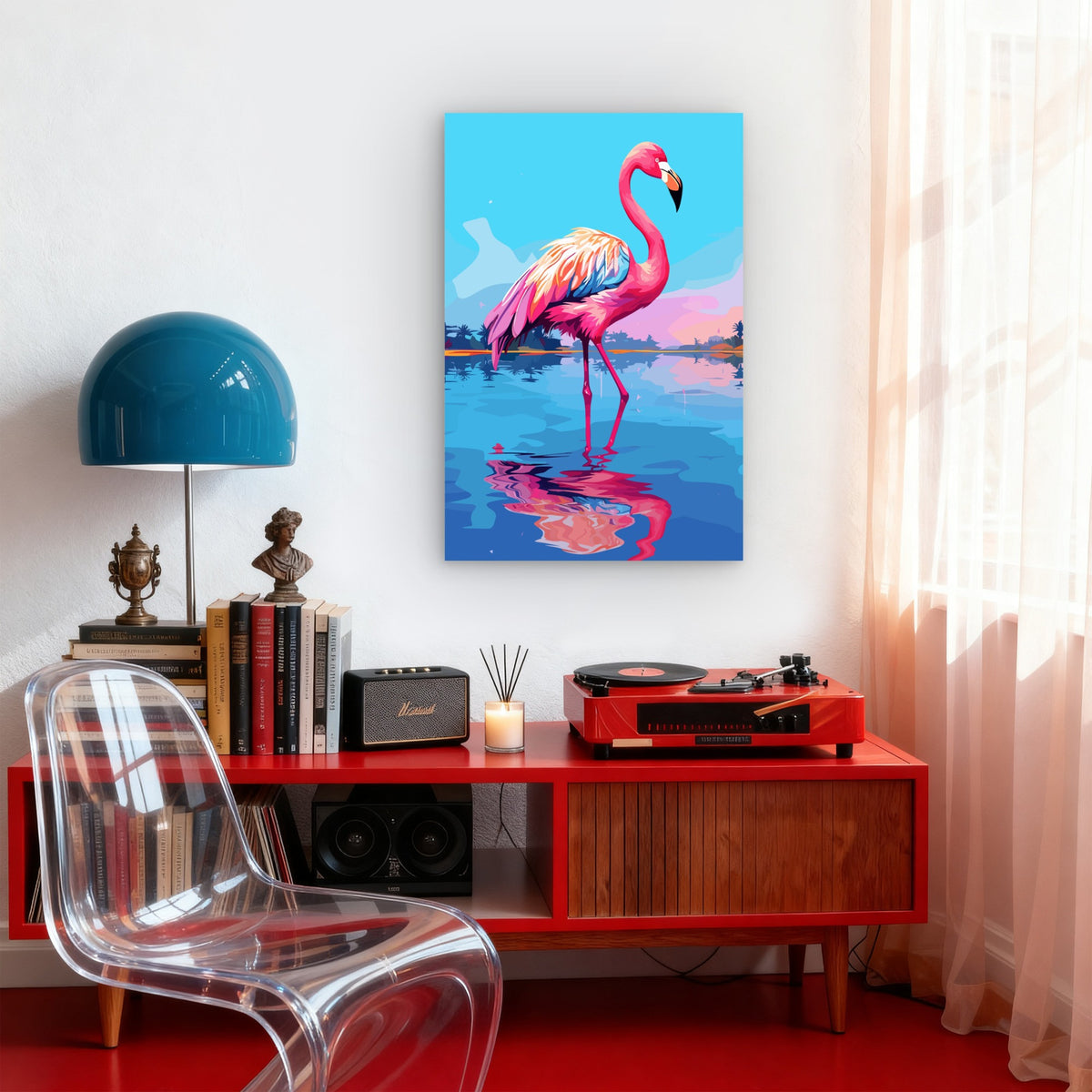 Tropical Pink Flamingo Water Reflection 60x90cm Metal Print Ready to Hang