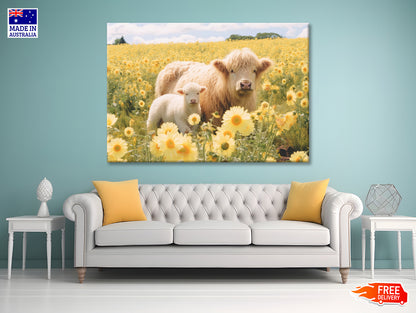 Two Baby Cows Standing In a Field Of Yellow Flowers 90x60cm Print 100% Australian Made