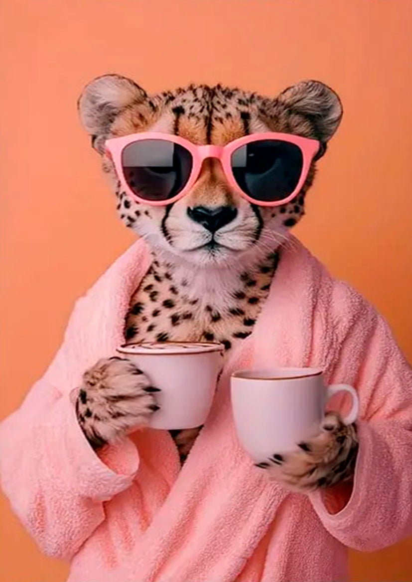 Modern Elegant Cheetah with Pink Glasses & Coffee Cup Fashion Home Decor Premium Quality Poster Print Choose Your Sizes