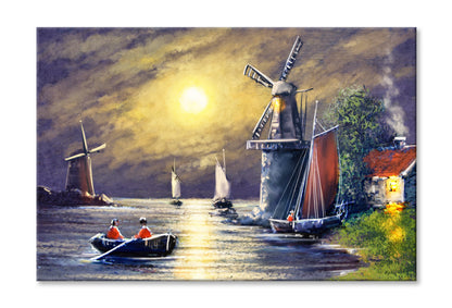 Windmill near Lake & Boats Night Sky Oil Painting Wall Art Limited Edition High Quality Print Stretched Canvas None