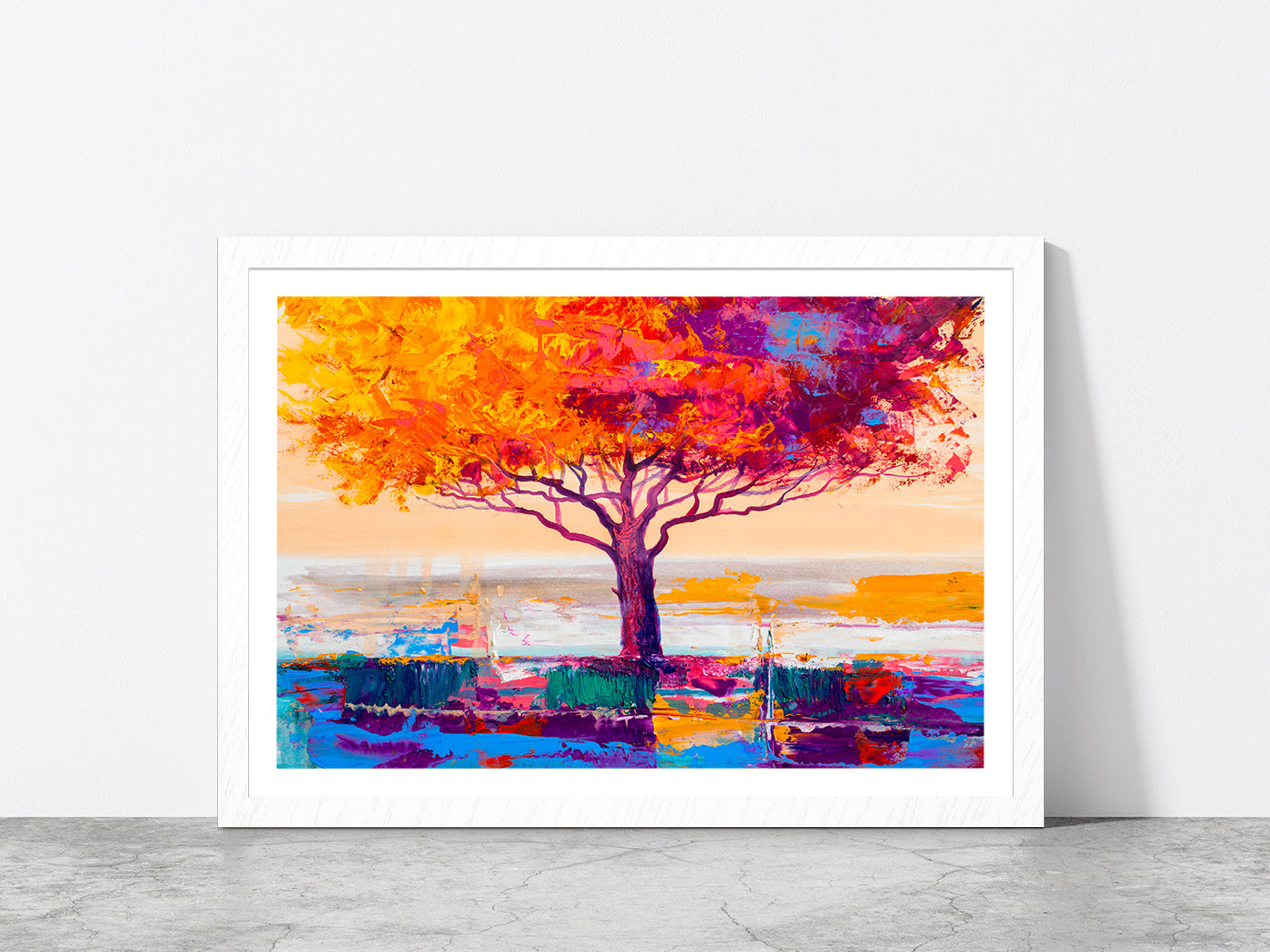 Orange Red Leaves With Large Tree Glass Framed Wall Art, Ready to Hang Quality Print With White Border White