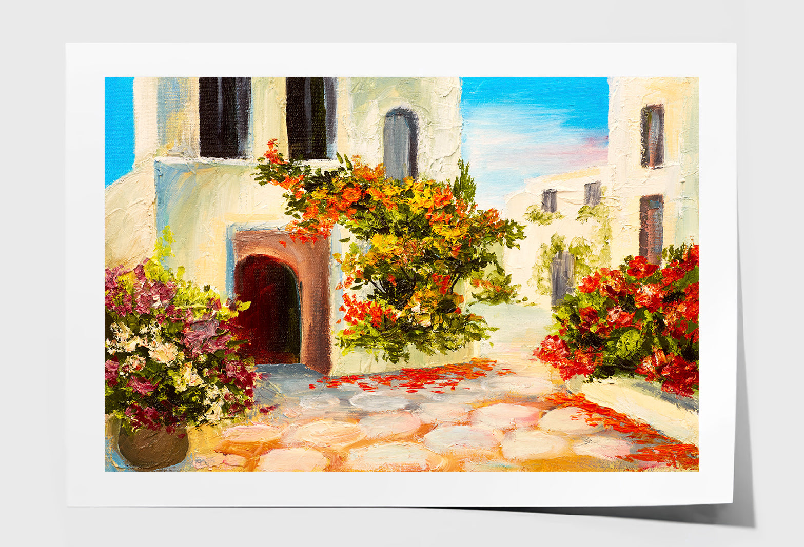 Flower Plants near House & Blue Sky Oil Painting Wall Art Limited Edition High Quality Print Unframed Roll Canvas None