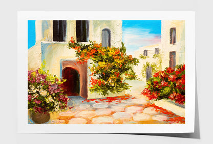 Flower Plants near House & Blue Sky Oil Painting Wall Art Limited Edition High Quality Print Unframed Roll Canvas None