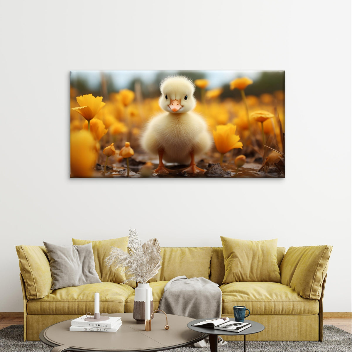 Fluffy Yellow Duckling Spring Flowers Meadow Wall Art Canvas Office Home Framed 120x60cm - Bella Home Decor
