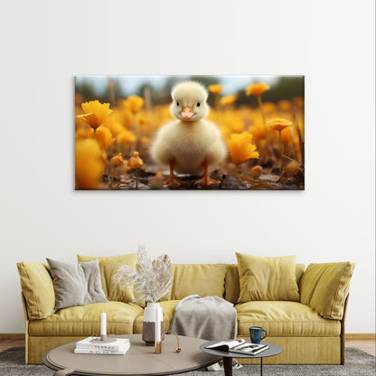 Fluffy Yellow Duckling Spring Flowers Meadow Wall Art Canvas Office Home Framed 120x60cm - Bella Home Decor