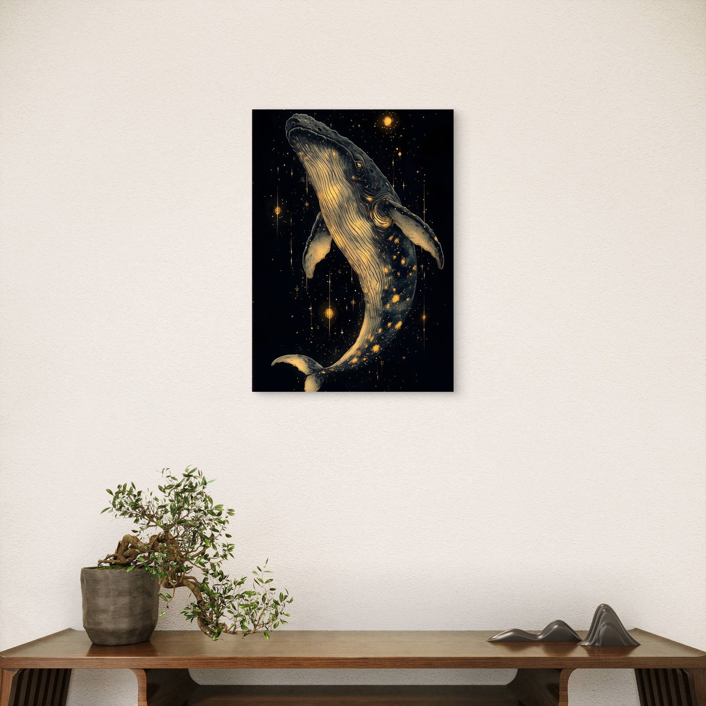 Celestial Gold Humpback Whale 40x60cm Metal Print Ready to Hang - Bella Home Decor