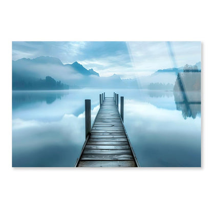 Dock On a Lake with Mountains in The Background  Acrylic Glass Print Tempered Glass Wall Art 100% Made in Australia Ready to Hang - Bella Home Decor