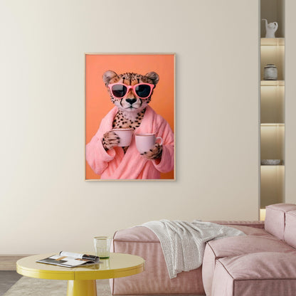 Modern Elegant Cheetah with Pink Glasses & Coffee Cup Fashion Home Decor Premium Quality Poster Print Choose Your Sizes